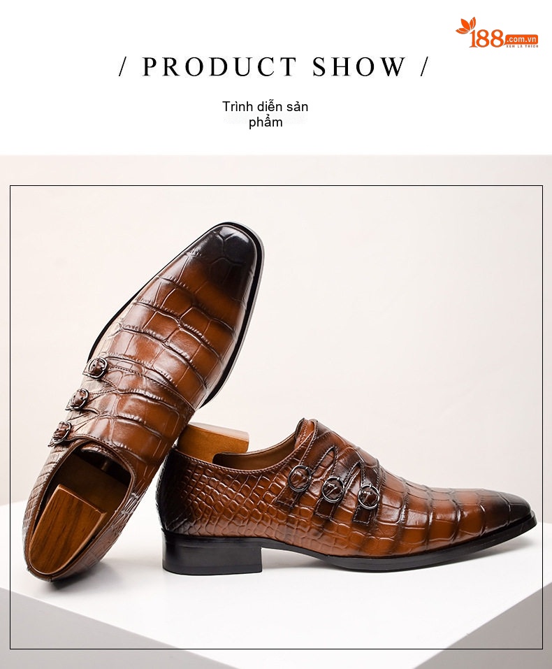 Giày Monkstrap Khóa Cài Nam Da Dập Vân Chiều Cao Đế Khoảng 3cm Màu Nâu chi tiết 3