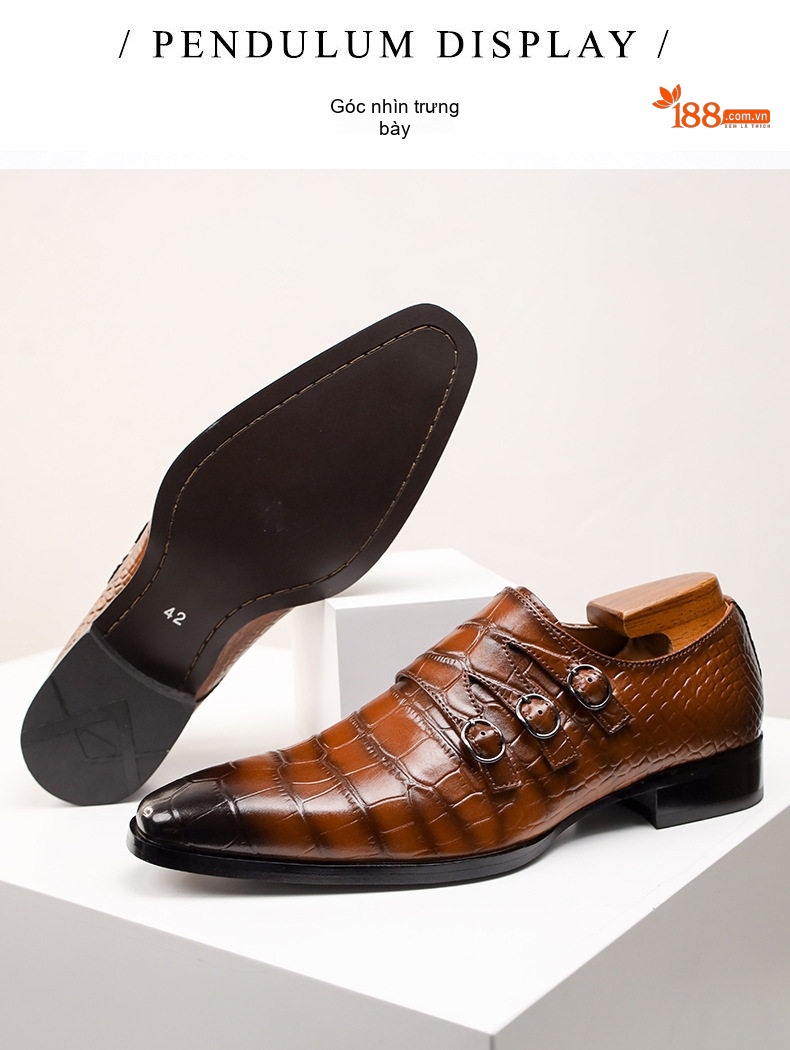 Giày Monkstrap Khóa Cài Nam Da Dập Vân Chiều Cao Đế Khoảng 3cm Màu Nâu chi tiết 6