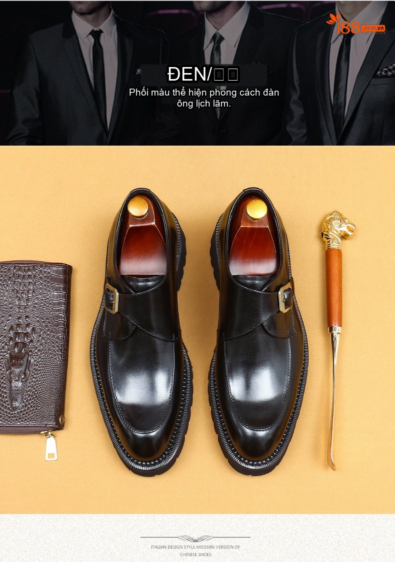 Giày Monkstrap Khóa Cài Nam Da Thật Chiều Cao Đế Khoảng 5cm Màu Đen, Nâu chi tiết 4