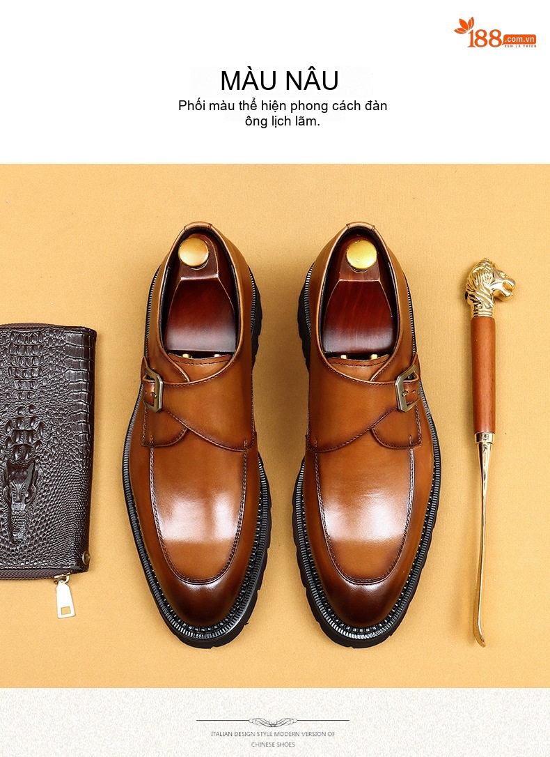 Giày Monkstrap Khóa Cài Nam Da Thật Chiều Cao Đế Khoảng 5cm Màu Đen, Nâu chi tiết 12