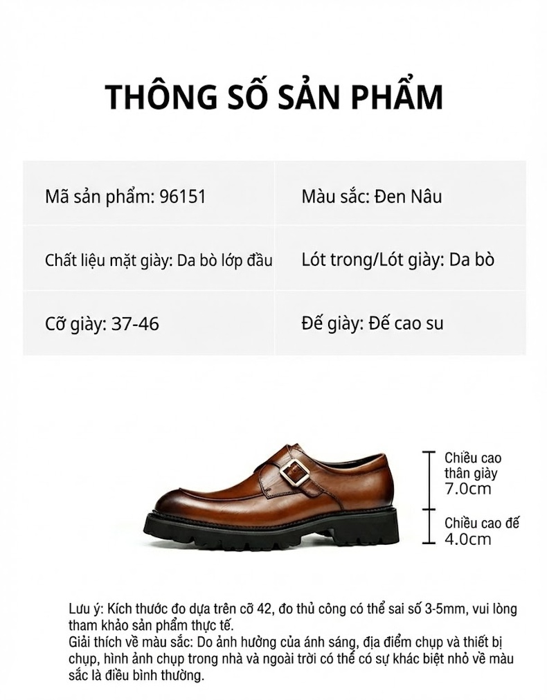Giày Monkstrap Khóa Cài Nam Da Thật Chiều Cao Đế Khoảng 5cm Màu Đen, Nâu chi tiết 2