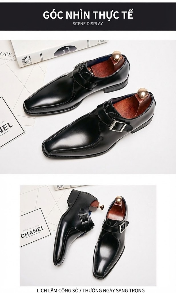 Giày Monkstrap Khóa Cài Nam Da Thật Mũi Nhọn Chiều Cao Đế Khoảng 3cm Màu Đen, Nâu chi tiết 14
