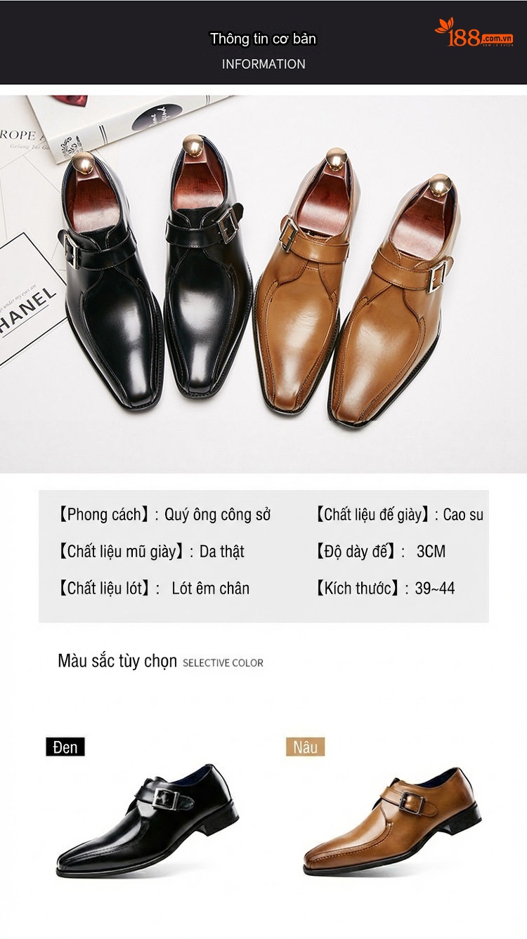 Giày Monkstrap Khóa Cài Nam Da Thật Mũi Nhọn Chiều Cao Đế Khoảng 3cm Màu Đen, Nâu chi tiết 9