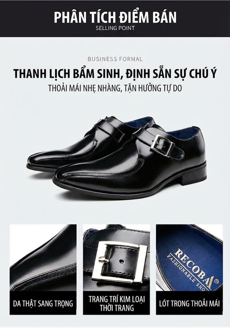 Giày Monkstrap Khóa Cài Nam Da Thật Mũi Nhọn Chiều Cao Đế Khoảng 3cm Màu Đen, Nâu chi tiết 4