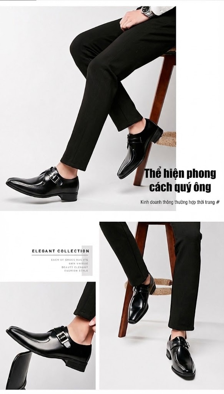 Giày Monkstrap Khóa Cài Nam Da Thật Mũi Nhọn Chiều Cao Đế Khoảng 3cm Màu Đen, Nâu chi tiết 11