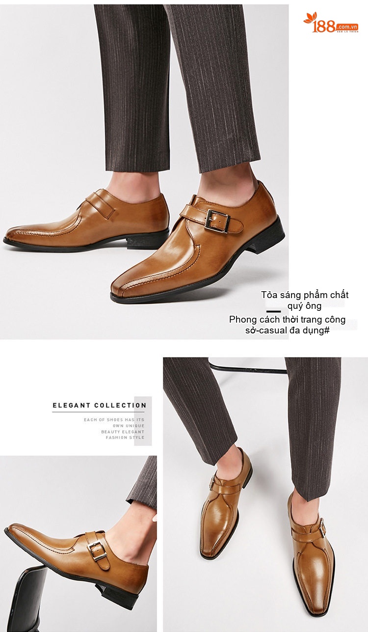 Giày Monkstrap Khóa Cài Nam Da Thật Mũi Nhọn Chiều Cao Đế Khoảng 3cm Màu Đen, Nâu chi tiết 13