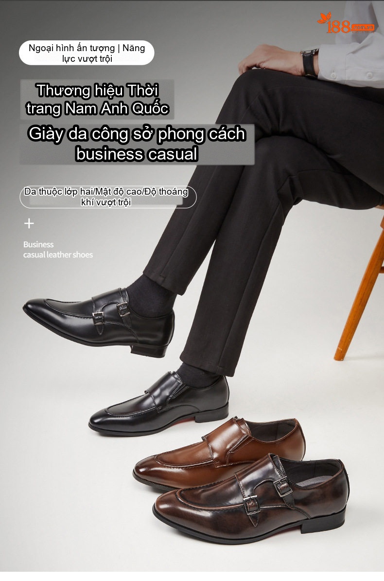 Giày Monkstrap Khóa Cài Nam Da Thật Mũi Nhọn Chiều Cao Đế Khoảng 3cm Màu Đen, Nâu chi tiết 1