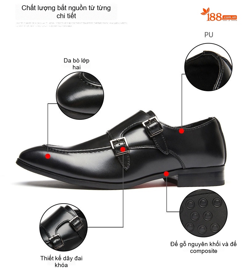 Giày Monkstrap Khóa Cài Nam Da Thật Mũi Nhọn Chiều Cao Đế Khoảng 3cm Màu Đen, Nâu chi tiết 8