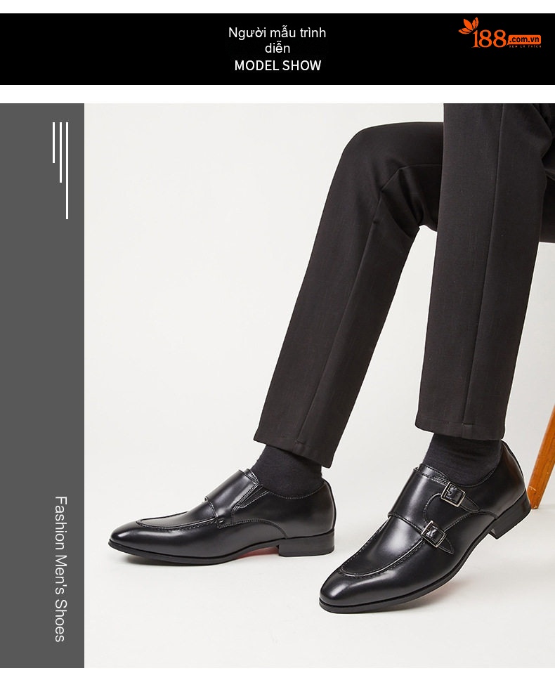 Giày Monkstrap Khóa Cài Nam Da Thật Mũi Nhọn Chiều Cao Đế Khoảng 3cm Màu Đen, Nâu chi tiết 9