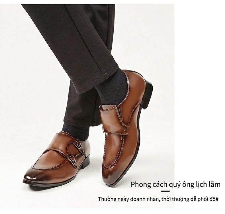 Giày Monkstrap Khóa Cài Nam Da Thật Mũi Nhọn Chiều Cao Đế Khoảng 3cm Màu Đen, Nâu chi tiết 15