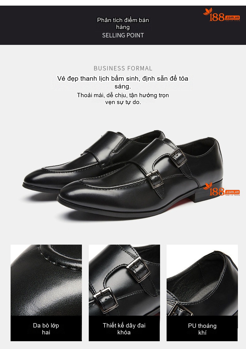 Giày Monkstrap Khóa Cài Nam Da Thật Mũi Nhọn Chiều Cao Đế Khoảng 3cm Màu Đen, Nâu chi tiết 2