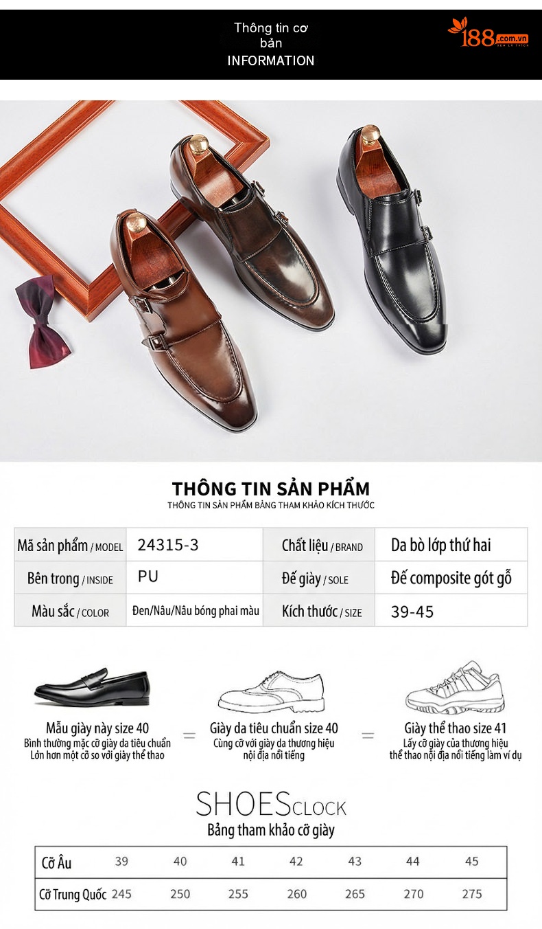 Giày Monkstrap Khóa Cài Nam Da Thật Mũi Nhọn Chiều Cao Đế Khoảng 3cm Màu Đen, Nâu chi tiết 7