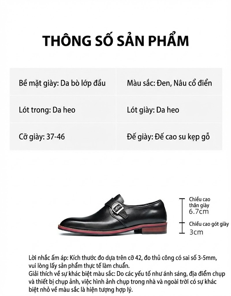 Giày Monkstrap Khóa Cài Nam Da Thật Mũi Vuông Chiều Cao Đế Khoảng 3cm Màu Đen chi tiết 2
