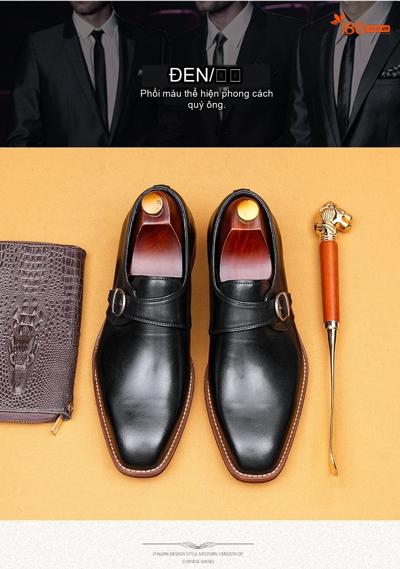Giày Monkstrap Khóa Cài Nam Da Thật Mũi Vuông Chiều Cao Đế Khoảng 3cm Màu Đen chi tiết 4