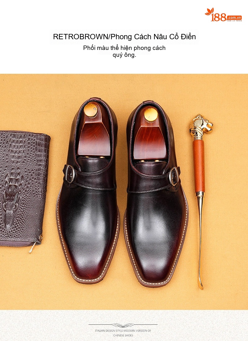 Giày Monkstrap Khóa Cài Nam Da Thật Mũi Vuông Chiều Cao Đế Khoảng 3cm Màu Đen chi tiết 12