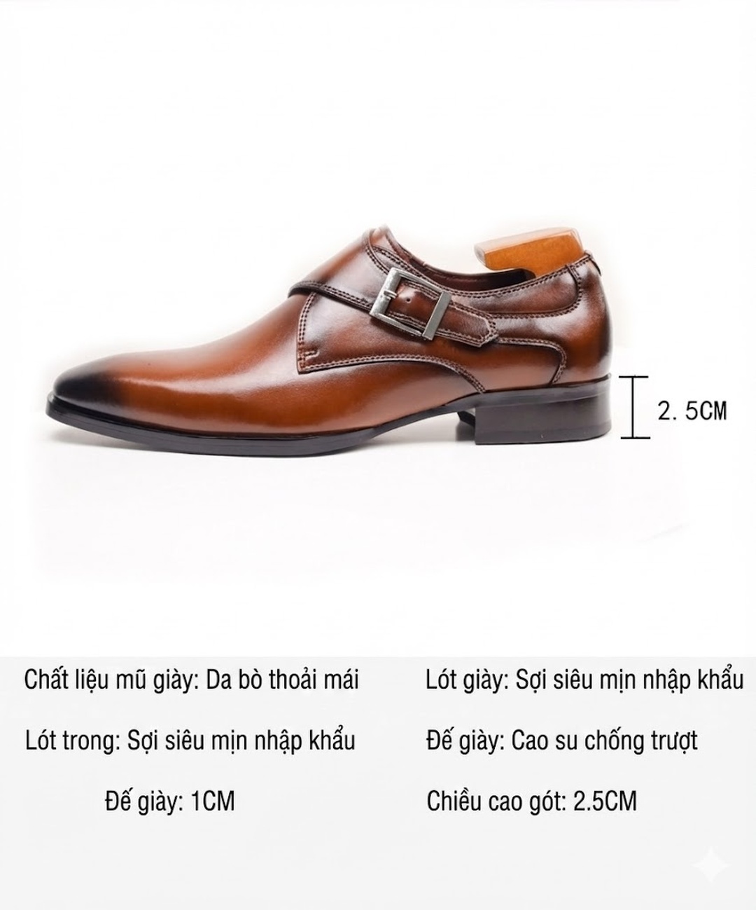 Giày Monkstrap Khóa Cài Nam Da Thật Mũi Vuông Chiều Cao Đế Khoảng 3cm Màu Nâu chi tiết 10