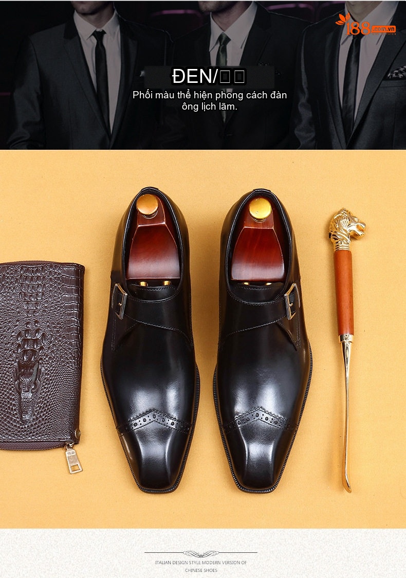 Giày Monkstrap Khóa Cài Nam Da Thật Thủ Công Chiều Cao Đế Khoảng 3cm Màu Đen chi tiết 4
