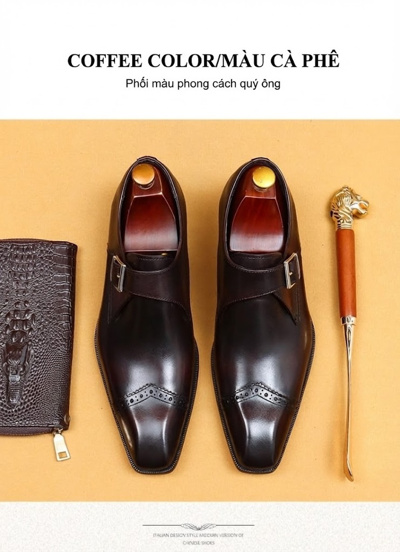 Giày Monkstrap Khóa Cài Nam Da Thật Thủ Công Chiều Cao Đế Khoảng 3cm Màu Đen chi tiết 12