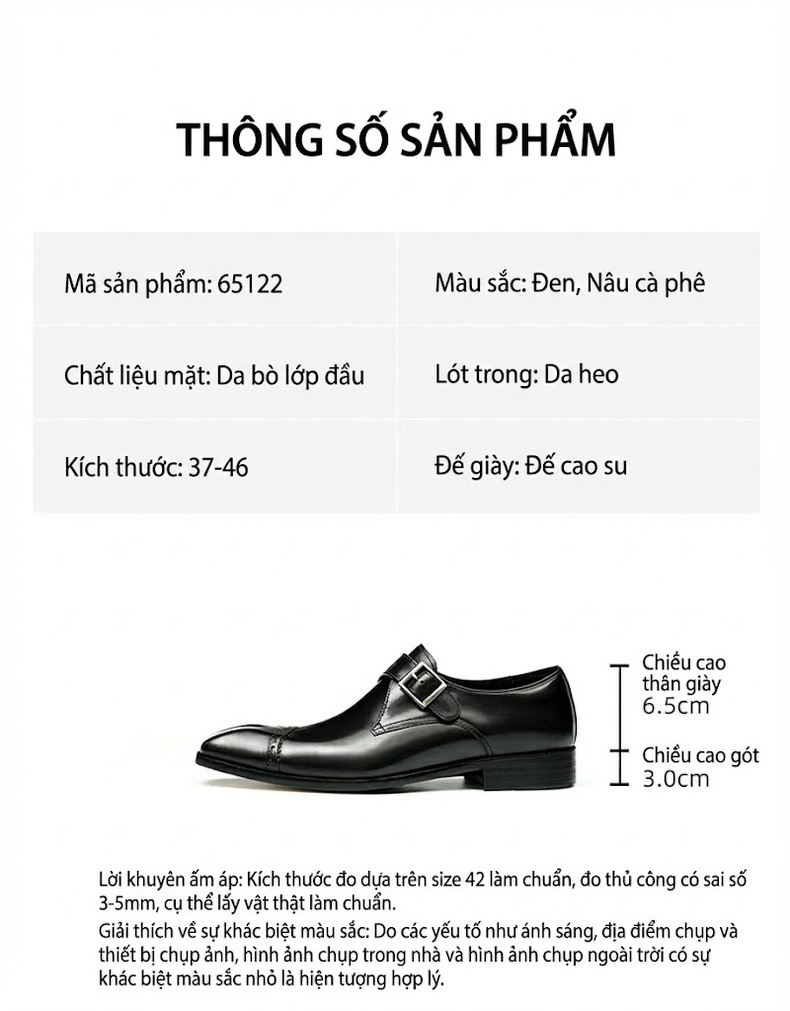 Giày Monkstrap Khóa Cài Nam Da Thật Thủ Công Chiều Cao Đế Khoảng 3cm Màu Đen chi tiết 2