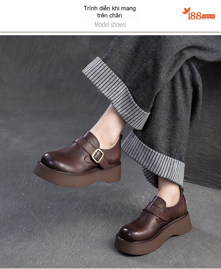 Giày Mules Nữ Da Bóng Đế Bánh Mì Chiều Cao Đế Khoảng 5cm Màu Đen, Nâu chi tiết 7