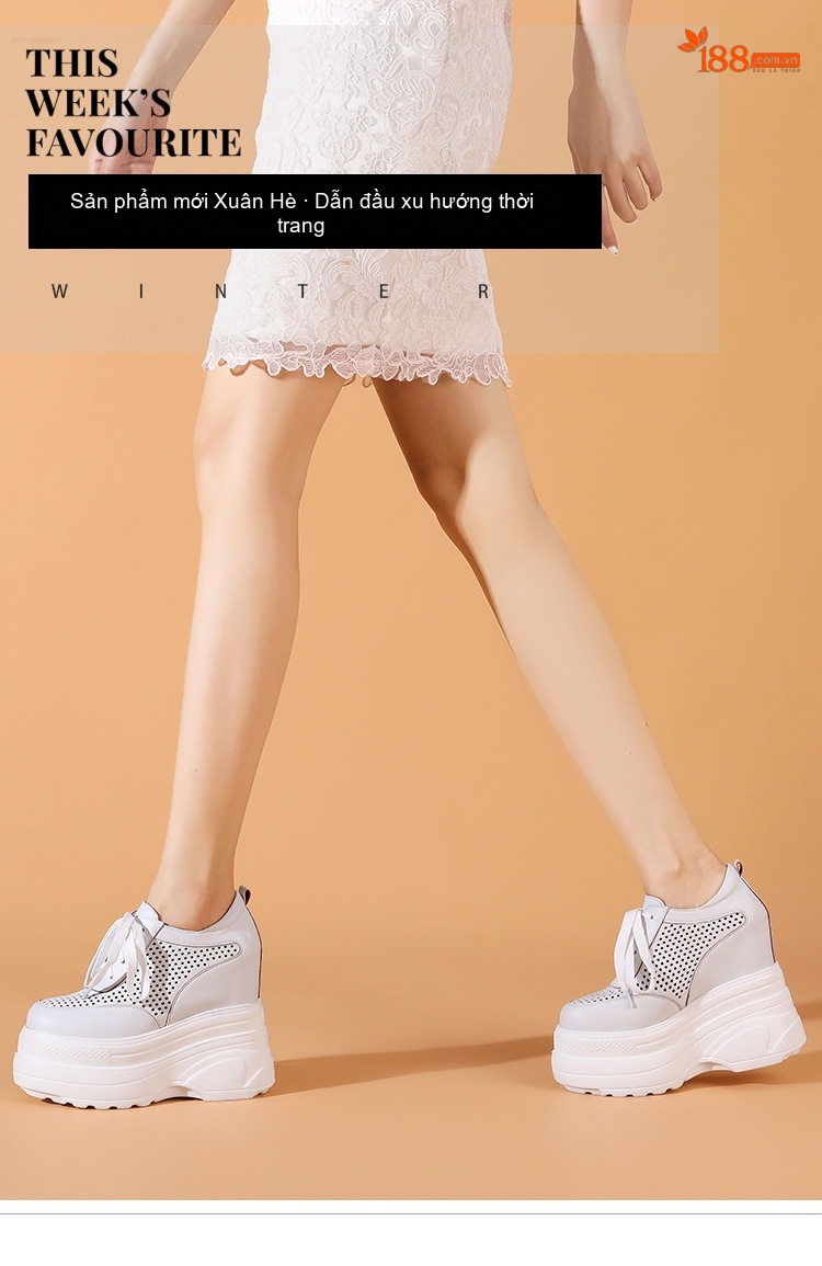 Giày Nữ Buộc Dây Da Mờ Lỗ Thoáng Khí Chiều Cao Đế Khoảng 14cm Màu Trắng chi tiết 1