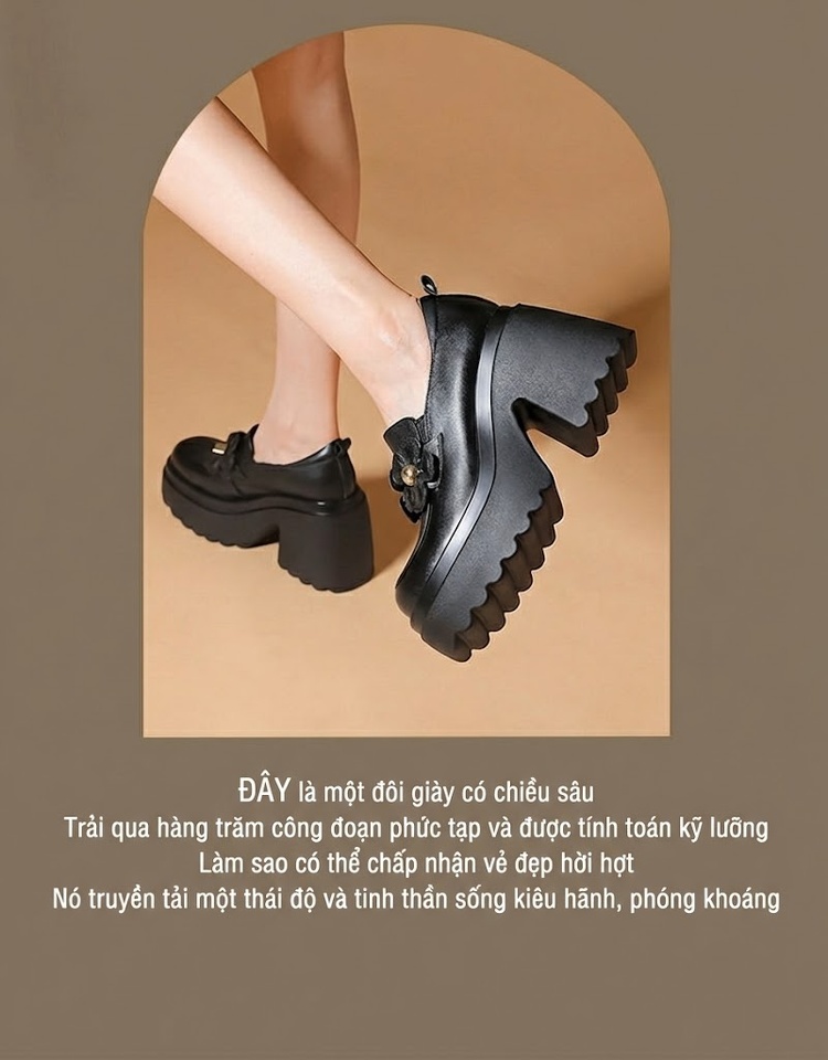 Giày Nữ Búp Bê Đế Xuồng Da Bóng Chiều Cao Đế Khoảng 10cm Thiết Kế Hoa Màu Đen, Nâu chi tiết 1