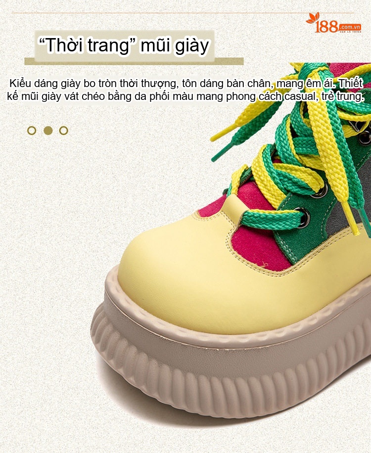 Giày Nữ Cổ Cao Buộc Dây Đế Bánh Mì Chiều Cao Đế Khoảng 5cm Màu Trắng, Xám, Xanh Lá, Cam... chi tiết 4