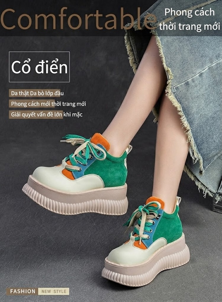 Giày Nữ Cổ Cao Buộc Dây Đế Bánh Mì Chiều Cao Đế Khoảng 5cm Màu Trắng, Xám, Xanh Lá, Cam... chi tiết 2