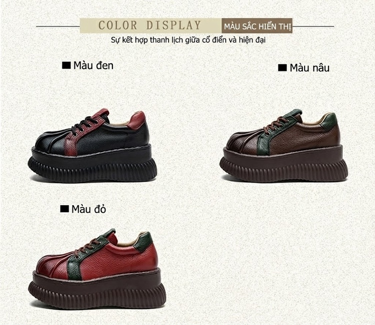 Giày Nữ Cổ Thấp Phong Cách Retro Đế Bánh Mì Chiều Cao Đế Khoảng 4cm Màu Đen, Đỏ, Nâu, Xanh Lá chi tiết 3