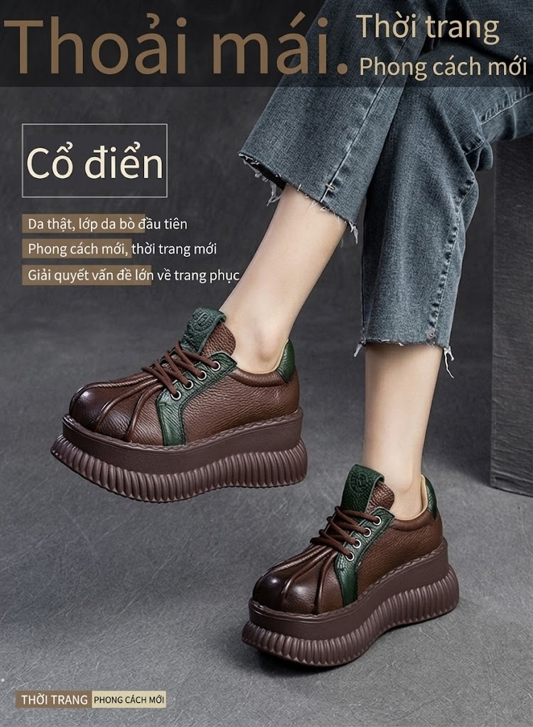 Giày Nữ Cổ Thấp Phong Cách Retro Đế Bánh Mì Chiều Cao Đế Khoảng 4cm Màu Đen, Đỏ, Nâu, Xanh Lá chi tiết 2