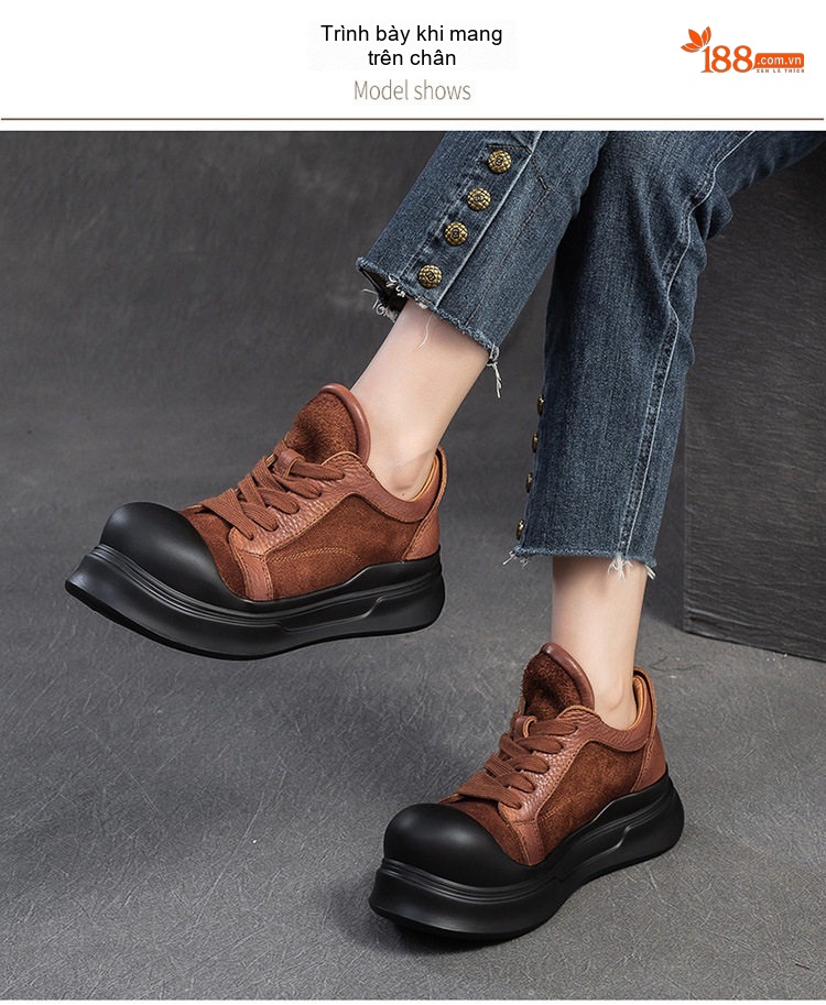 Giày Nữ Cột Dây Da Bò Đế Dày Phong Cách Retro Chiều Cao Đế Khoảng 5cm Màu Nâu, Đen chi tiết 6