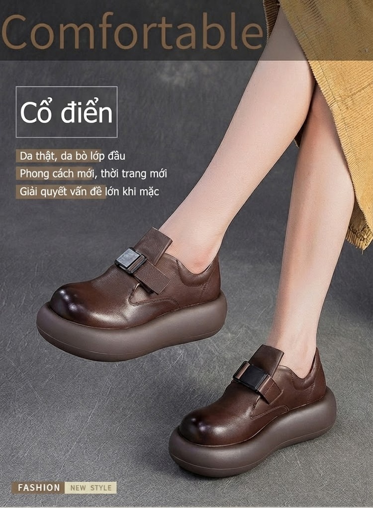 Giày Nữ Da Bò Đế Bệt Khóa Dán Chiều Cao Đế Khoảng 5cm Màu Đen, Nâu chi tiết 2