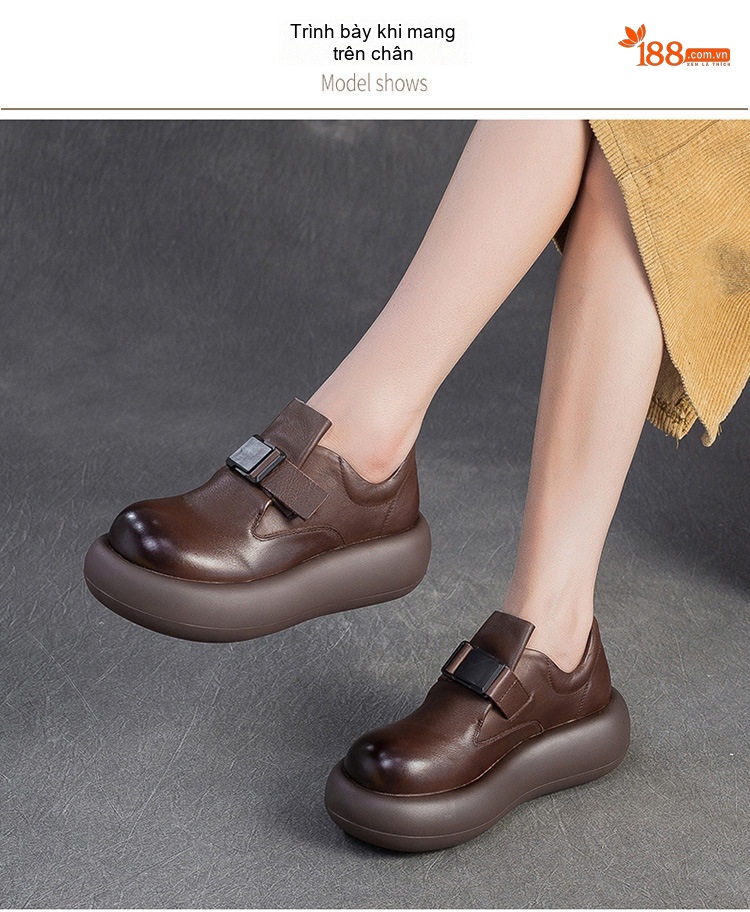 Giày Nữ Da Bò Đế Bệt Khóa Dán Chiều Cao Đế Khoảng 5cm Màu Đen, Nâu chi tiết 7