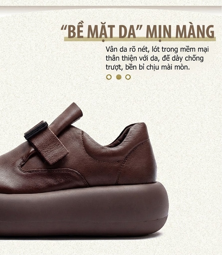 Giày Nữ Da Bò Đế Bệt Khóa Dán Chiều Cao Đế Khoảng 5cm Màu Đen, Nâu chi tiết 3