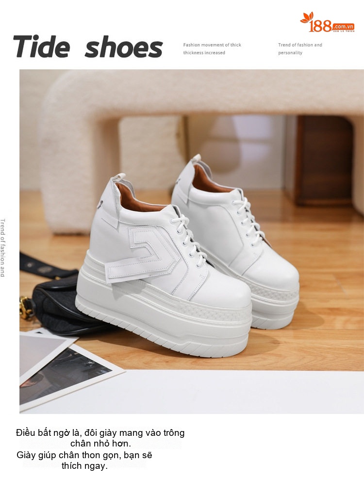 Giày Nữ Sneaker Buộc Dây Đế Bánh Mì Chiều Cao Đế Khoảng 6cm Màu Đen, Trắng chi tiết 1
