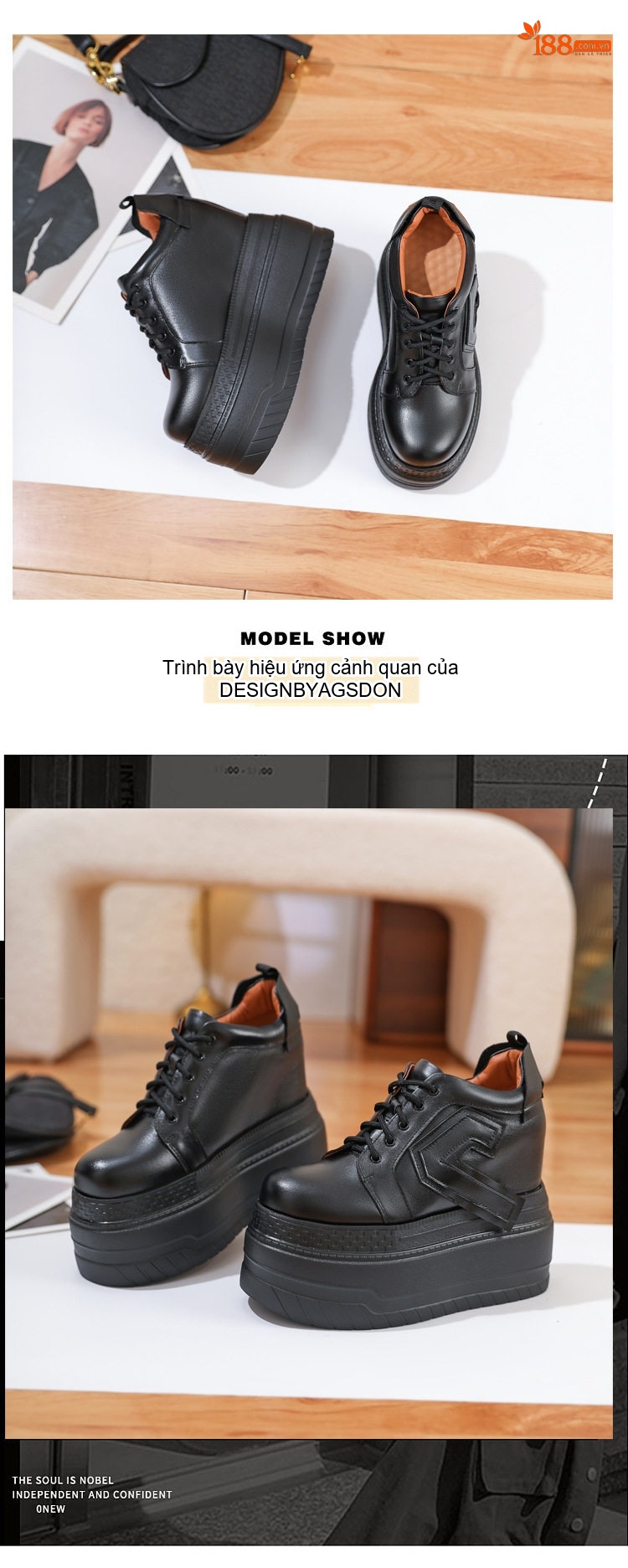 Giày Nữ Sneaker Buộc Dây Đế Bánh Mì Chiều Cao Đế Khoảng 6cm Màu Đen, Trắng chi tiết 2