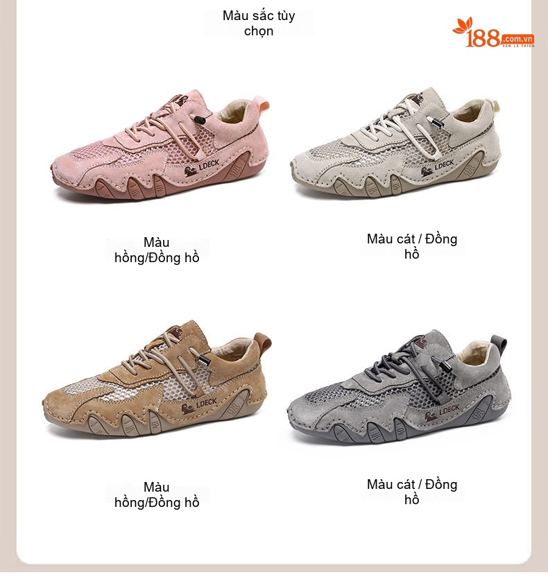 Giày Outdoor Nam Nữ Lớn Vải Lưới Thoáng Khí Buộc Dây Chiều Cao Đế Khoảng 3cm Màu Be, Hồng, Xám chi tiết 4