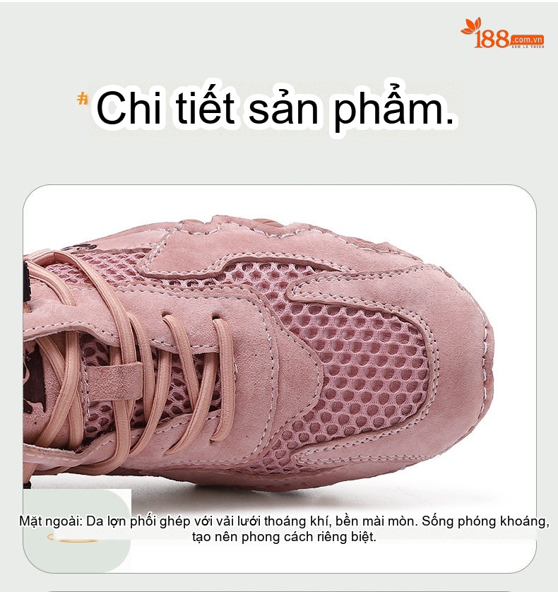 Giày Outdoor Nam Nữ Lớn Vải Lưới Thoáng Khí Buộc Dây Chiều Cao Đế Khoảng 3cm Màu Be, Hồng, Xám chi tiết 5