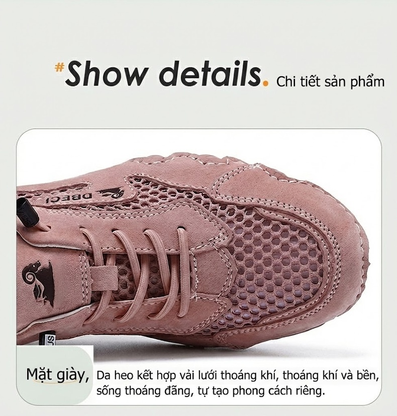 Giày Outdoor Nam Nữ Lưới Thoáng Khí Da Mờ Chiều Cao Đế Khoảng 3cm Màu Be, Xám, Hồng chi tiết 7