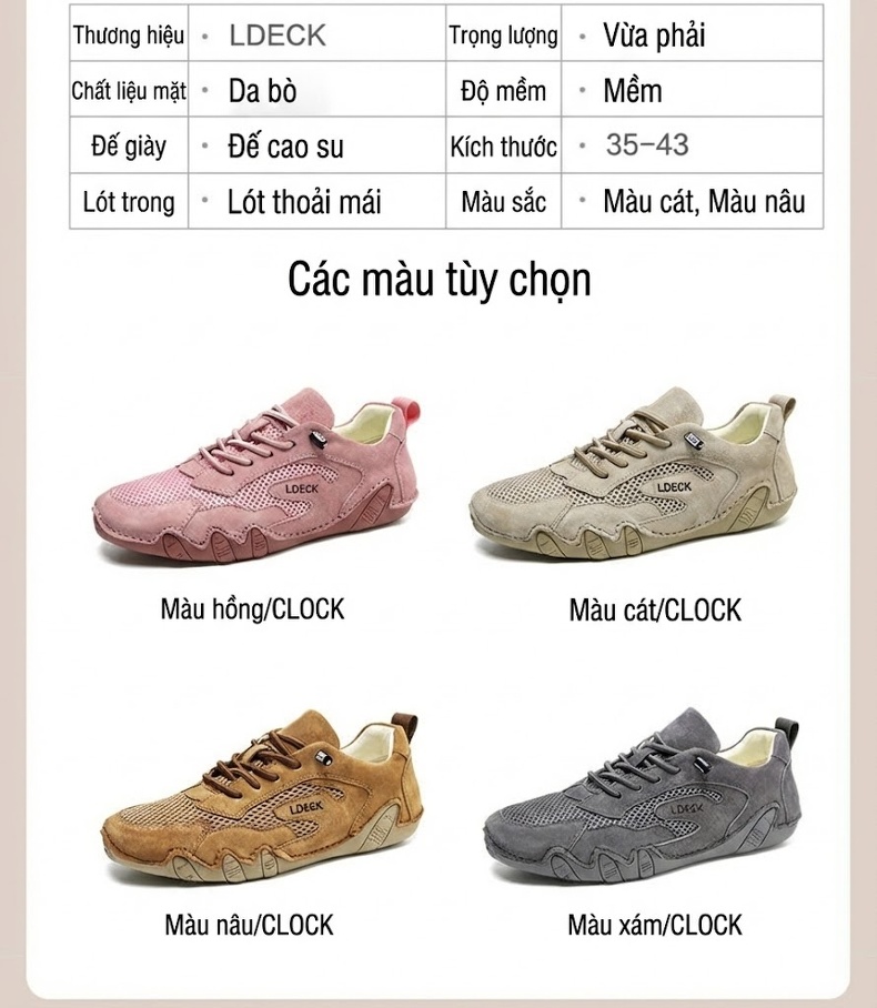 Giày Outdoor Nam Nữ Lưới Thoáng Khí Đế Bệt Chiều Cao Đế Khoảng 3cm Màu Be, Hồng, Nâu, Xám chi tiết 4