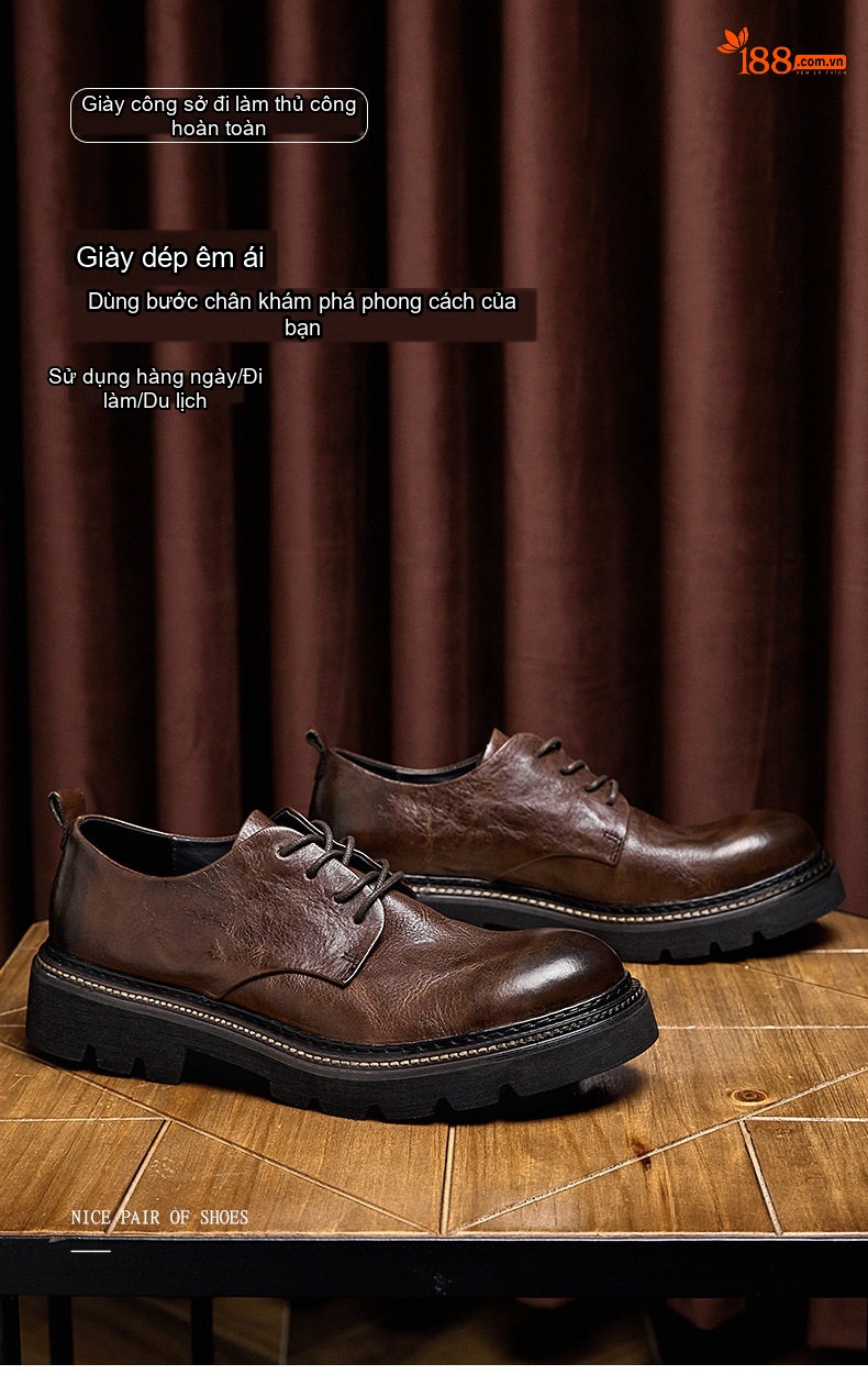 Giày Oxford Nam Da Bò Chiều Cao Đế Khoảng 4cm Phong Cách Retro Màu Đen, Nâu, Xanh Lá chi tiết 1