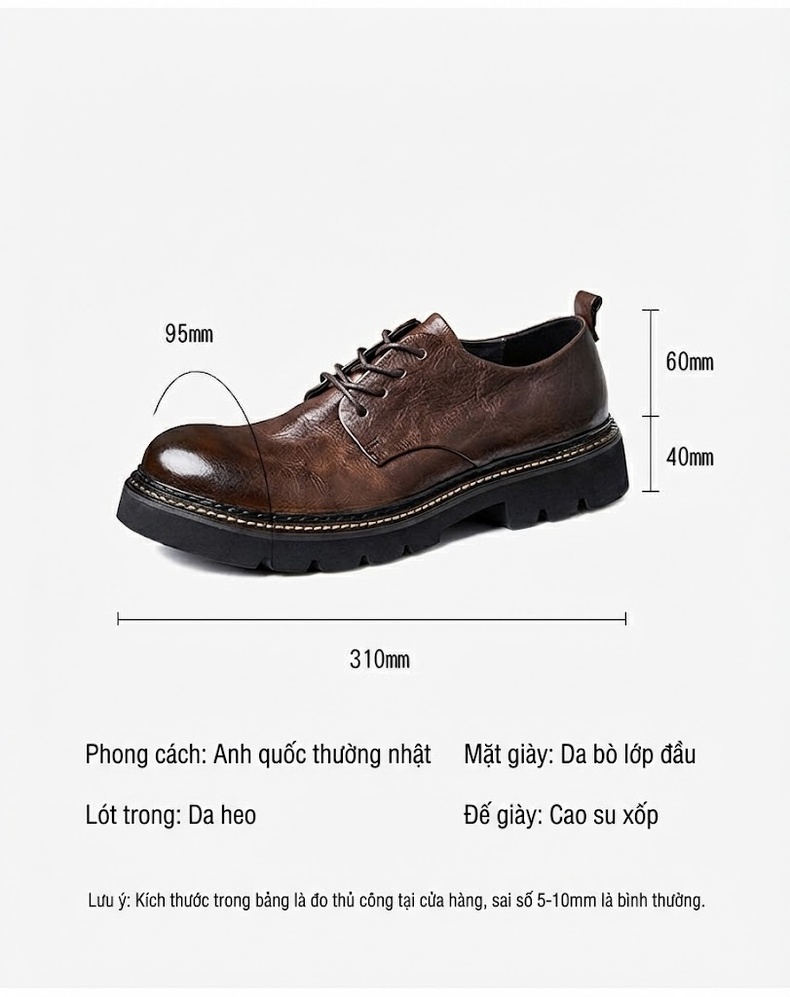 Giày Oxford Nam Da Bò Chiều Cao Đế Khoảng 4cm Phong Cách Retro Màu Đen, Nâu, Xanh Lá chi tiết 2