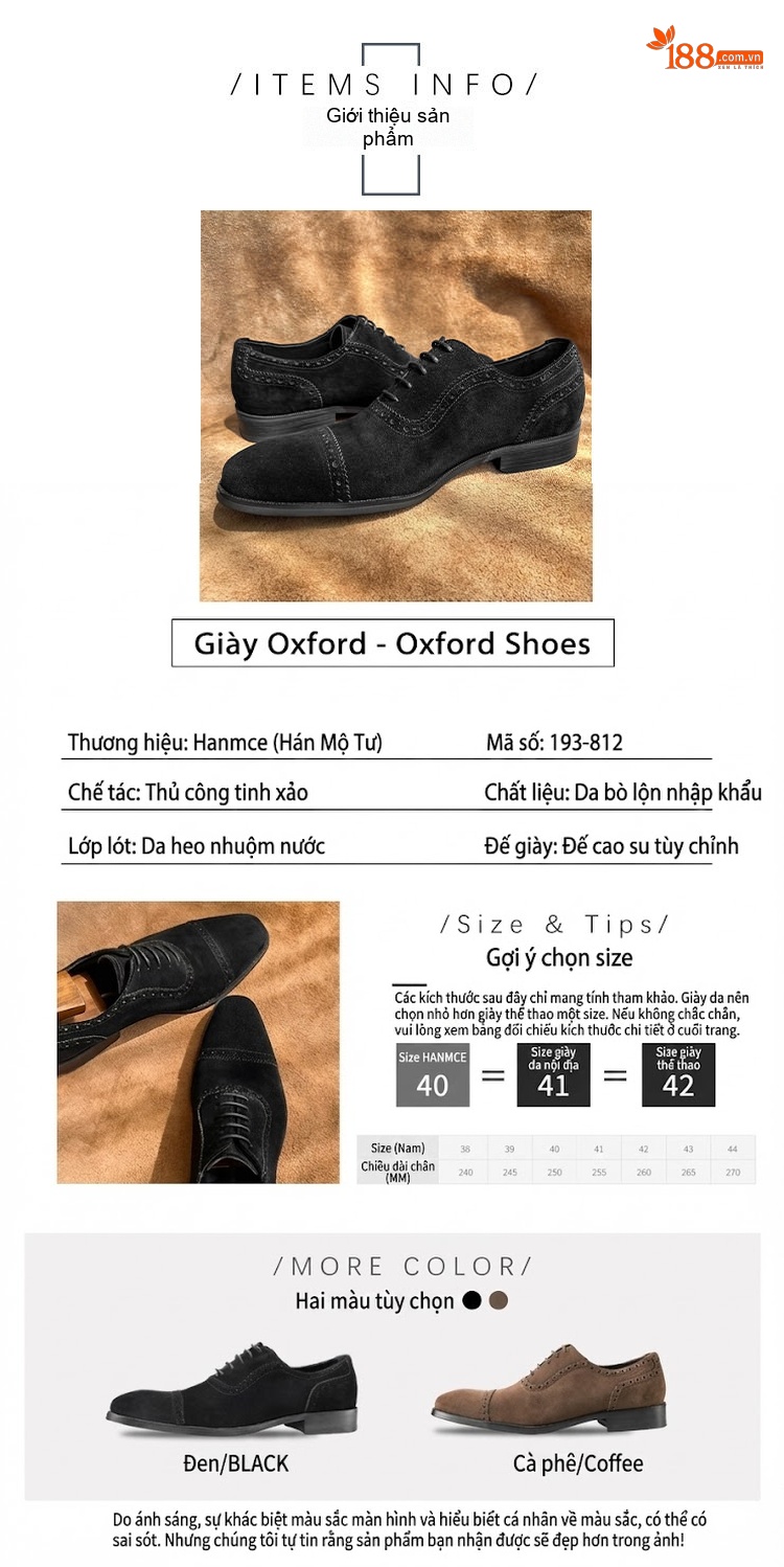 Giày Oxford Nam Da Mờ Buộc Dây Chiều Cao Đế Khoảng 3cm Màu Đen, Nâu chi tiết 2