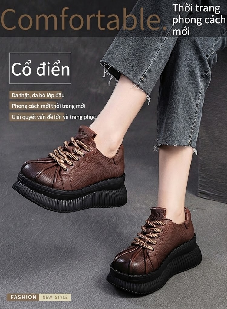 Giày Oxford Nữ Buộc Dây Phong Cách Anh Chiều Cao Đế Khoảng 5cm Màu Đen, Nâu chi tiết 2