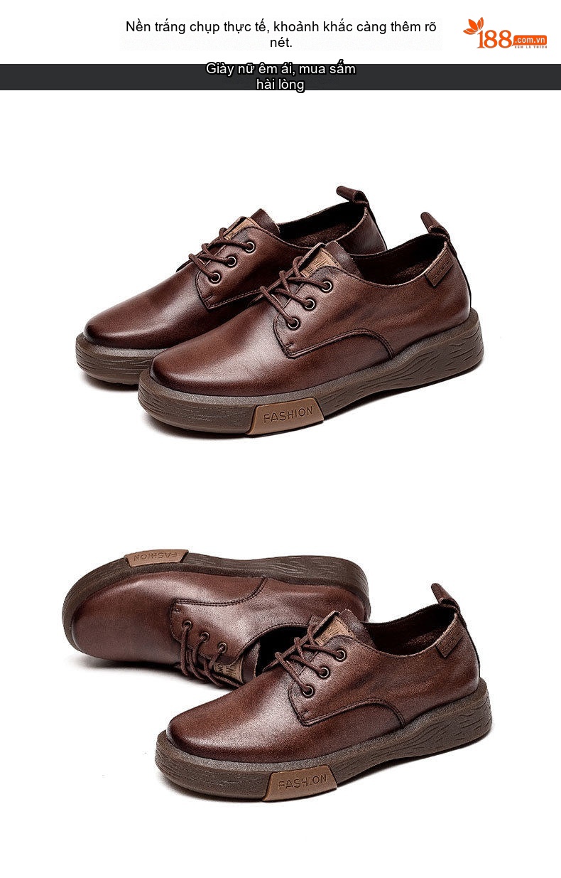 Giày Oxford Nữ Da Bò Buộc Dây Chiều Cao Đế Khoảng 3cm Phong Cách Vintage Màu Nâu, Đen chi tiết 13