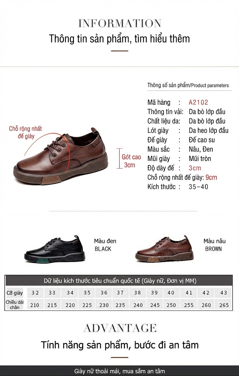 Giày Oxford Nữ Da Bò Buộc Dây Chiều Cao Đế Khoảng 3cm Phong Cách Vintage Màu Nâu, Đen chi tiết 2