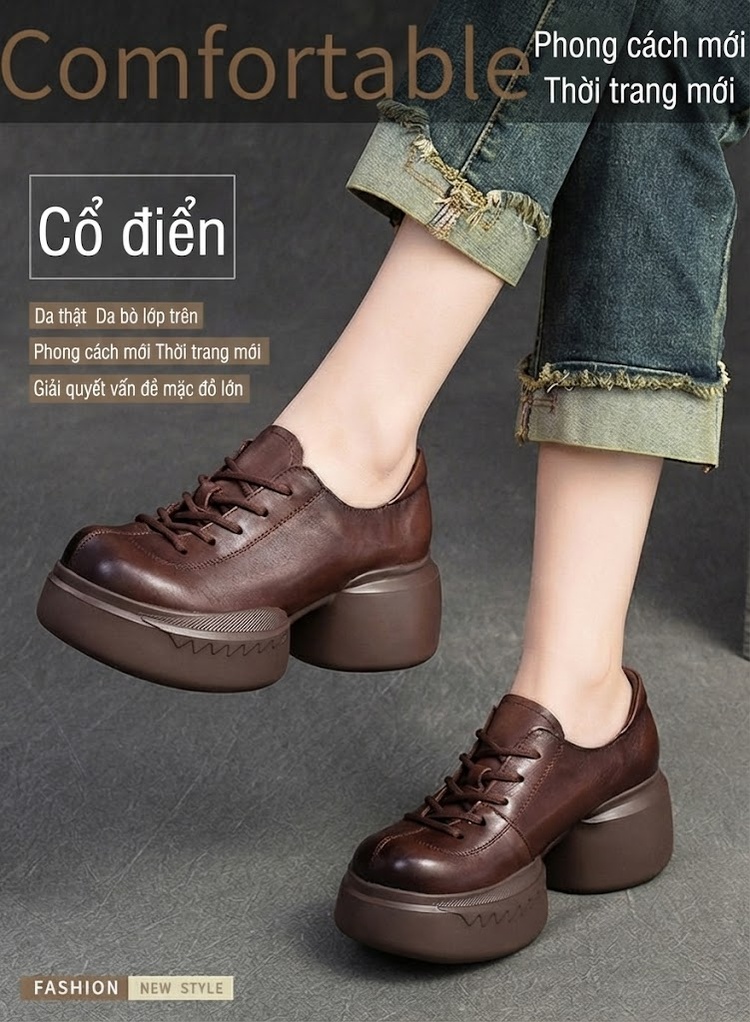 Giày Oxford Nữ Da Bò Chiều Cao Đế Khoảng 6cm Màu Đen, Nâu chi tiết 1