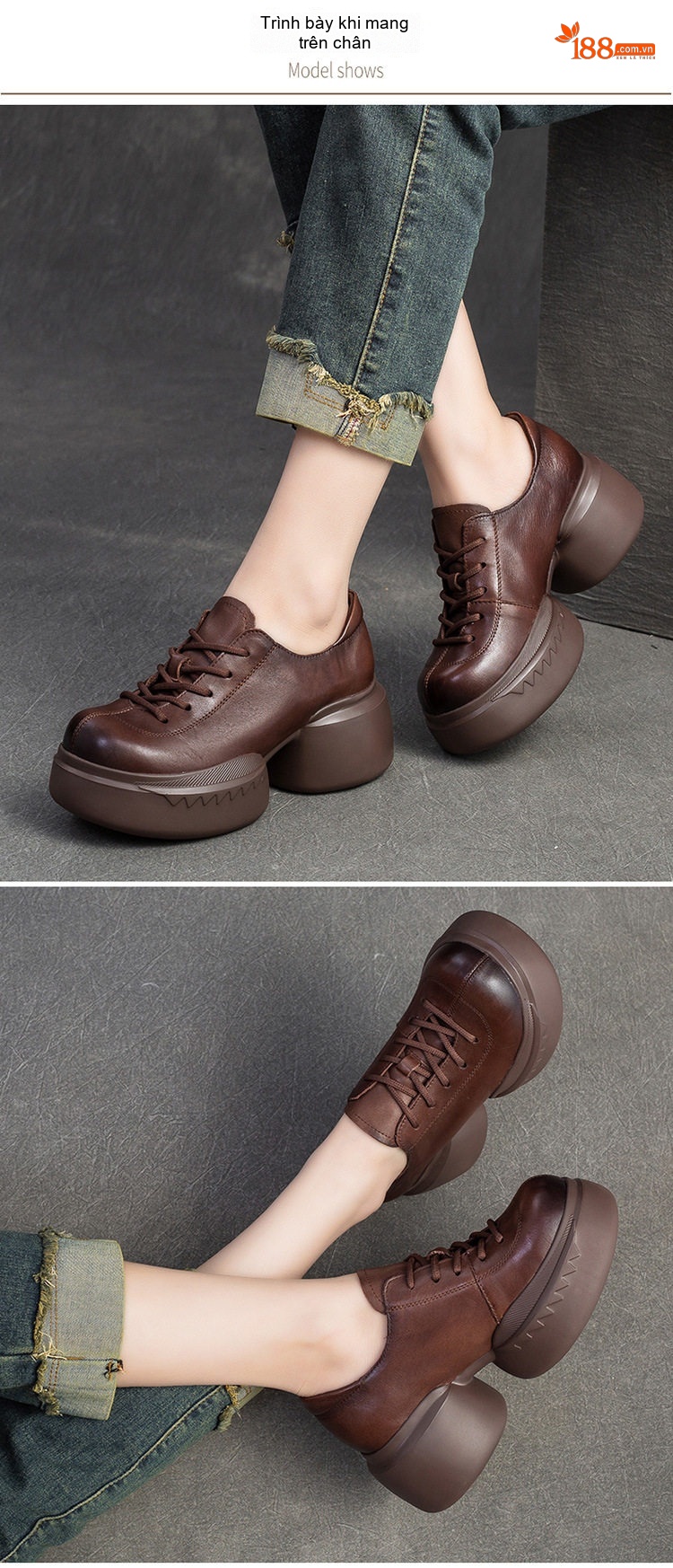 Giày Oxford Nữ Da Bò Chiều Cao Đế Khoảng 6cm Màu Đen, Nâu chi tiết 6