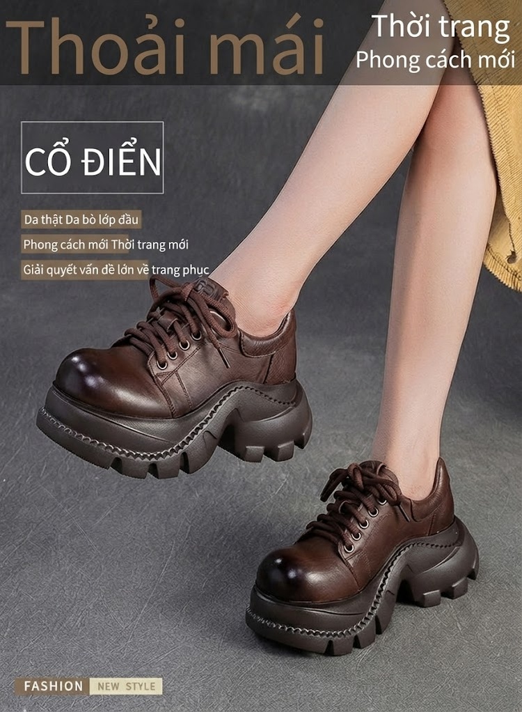 Giày Oxford Nữ Da Bò Đế Bánh Mì Chiều Cao Đế Khoảng 5cm Màu Đen, Nâu chi tiết 1