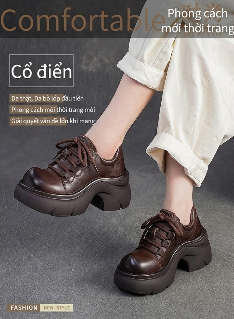 Giày Oxford Nữ Da Bò Đế Bánh Mì Chiều Cao Đế Khoảng 6cm Màu Đen, Nâu chi tiết 2